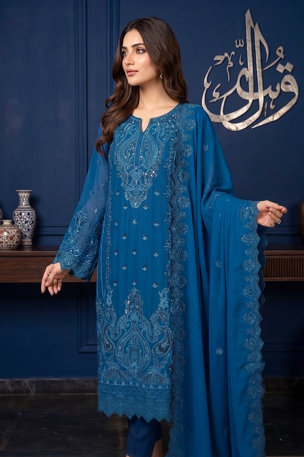 Turquoise Teal Edit Luxury Embroidered Chiffon 3PC Kurta Set