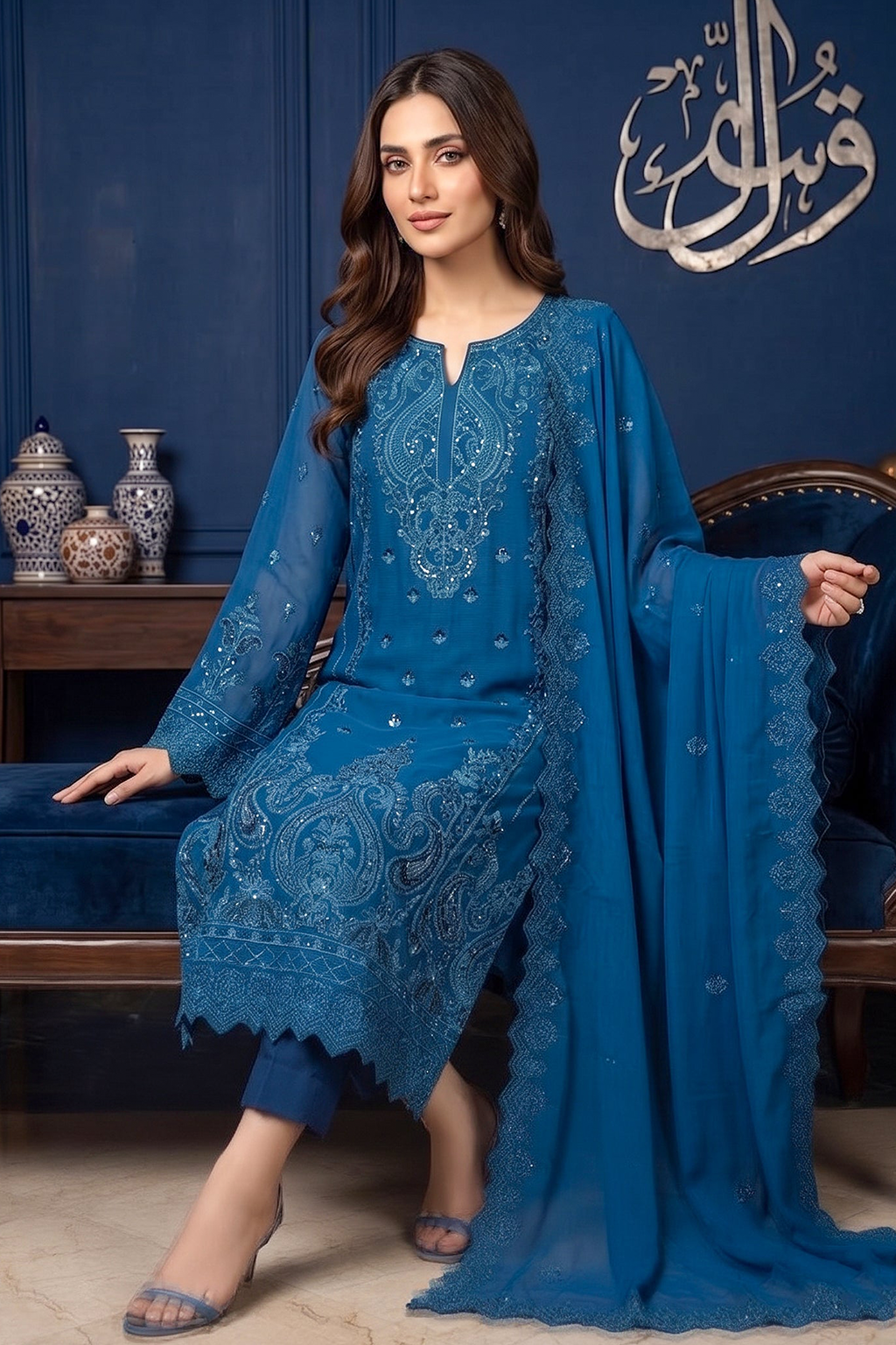 Turquoise Teal Edit Luxury Embroidered Chiffon 3PC Kurta Set