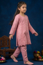 Soft Dusty Pink Luxury Embroidered Cotton Jacquard Short Kurta for Girls
