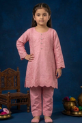 Soft Dusty Pink Luxury Embroidered Cotton Jacquard Short Kurta for Girls