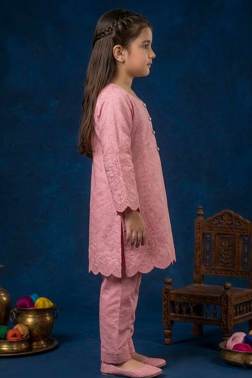 Soft Dusty Pink Luxury Embroidered Cotton Jacquard Short Kurta for Girls