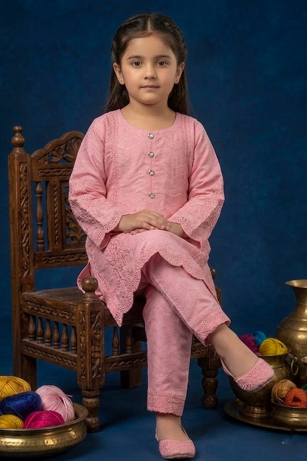 Soft Dusty Pink Luxury Embroidered Cotton Jacquard Short Kurta for Girls