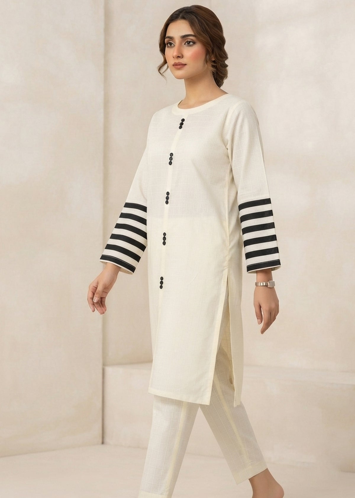 Stylish Off White Cotton Kurta Set with Striped Sleeves