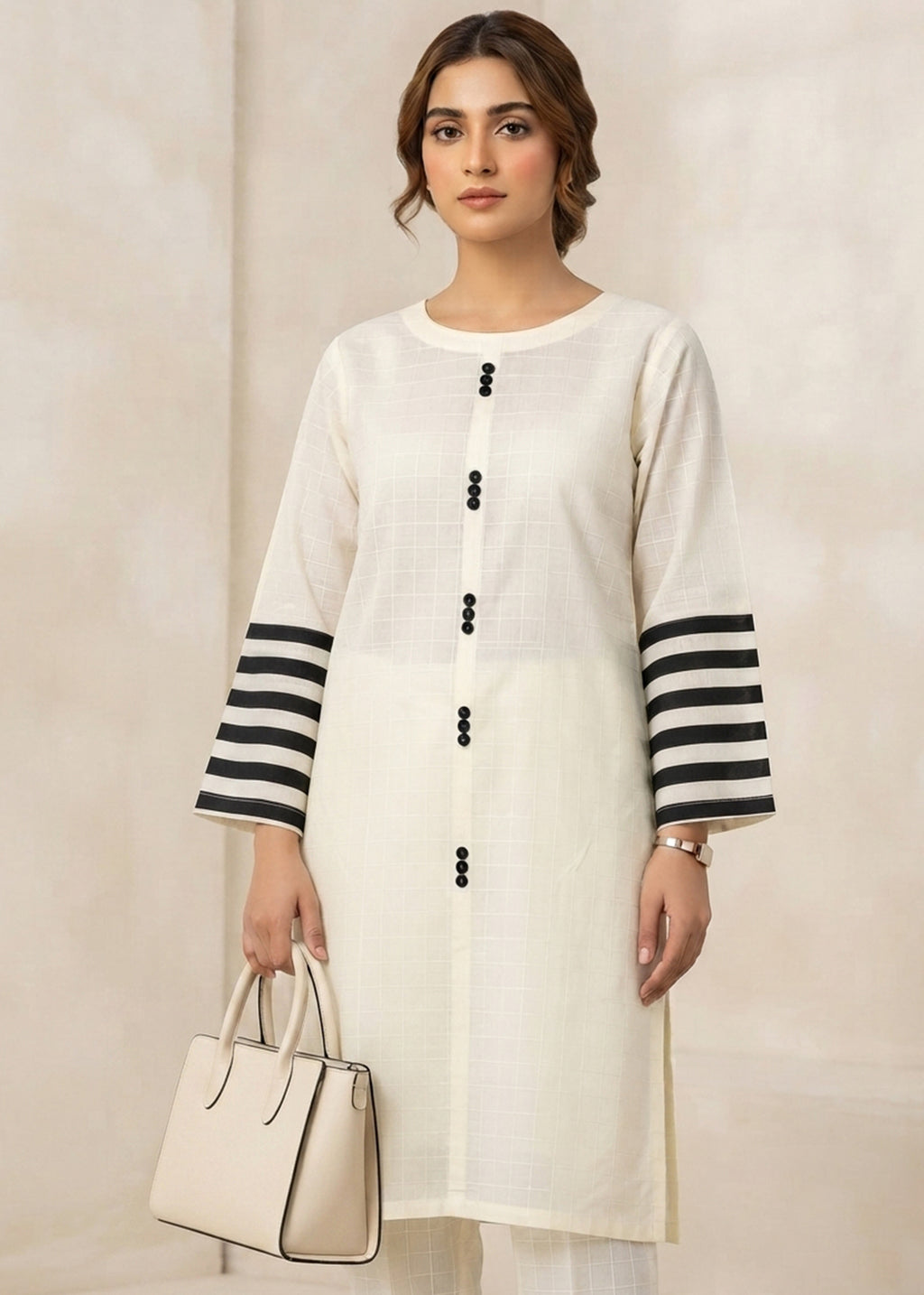 Stylish Off White Cotton Kurta Set with Striped Sleeves