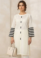 Stylish Off White Cotton Kurta Set with Striped Sleeves