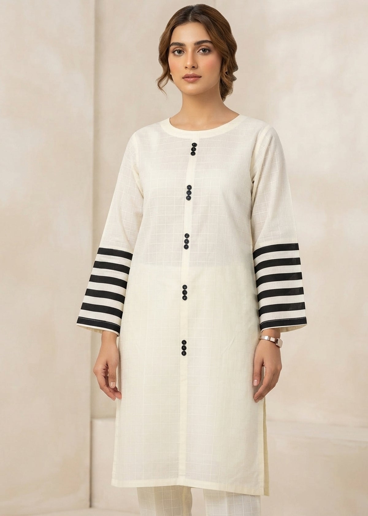 Stylish Off White Cotton Kurta Set with Striped Sleeves