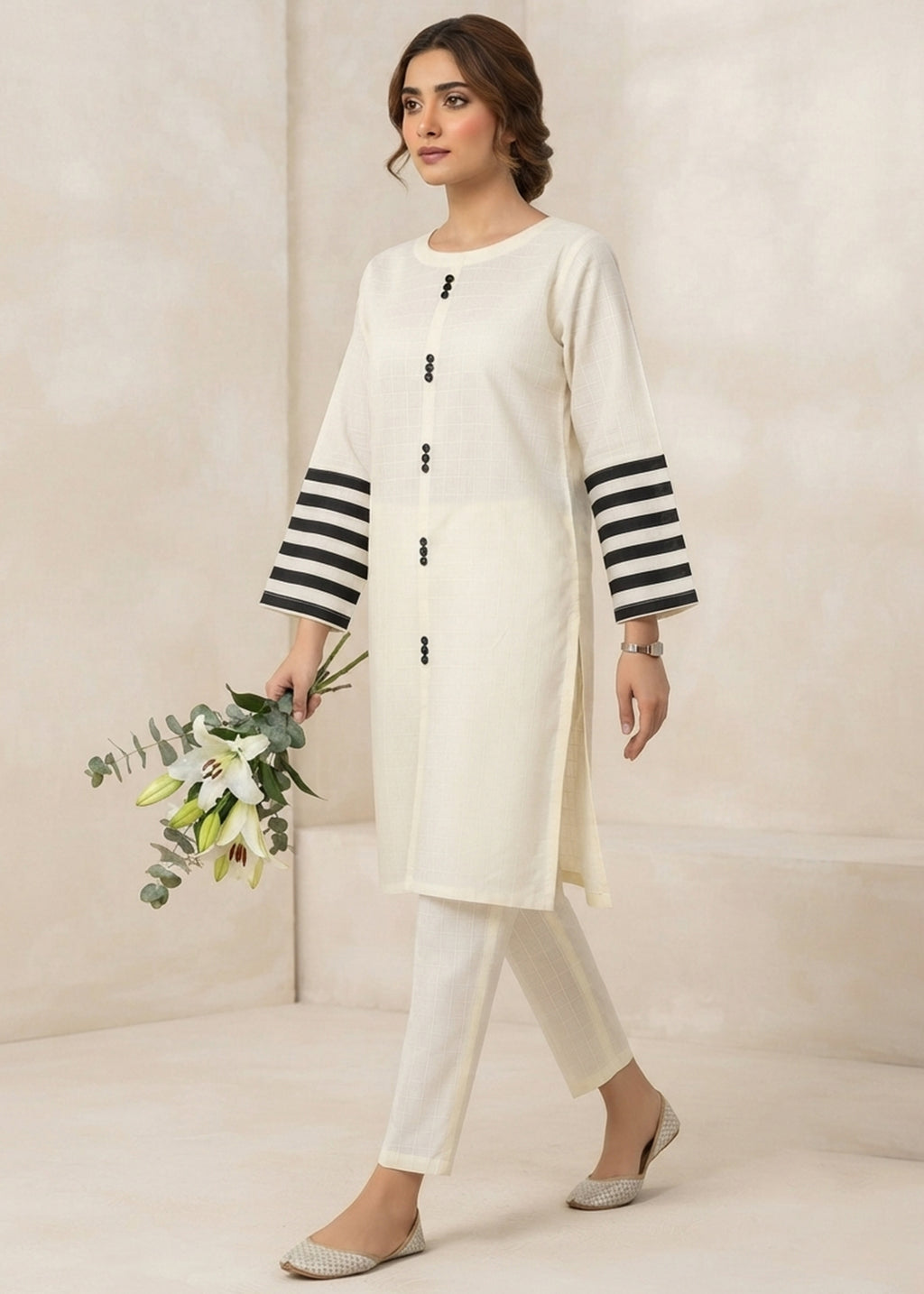 Stylish Off White Cotton Kurta Set with Striped Sleeves