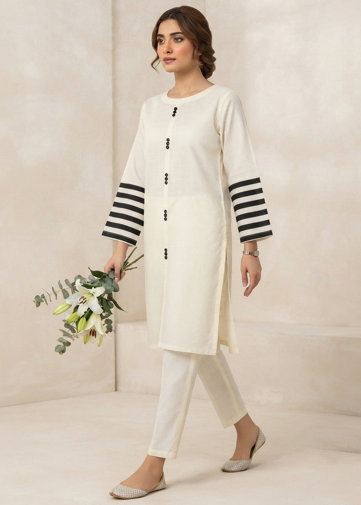Stylish Off White Cotton Kurta Set with Striped Sleeves