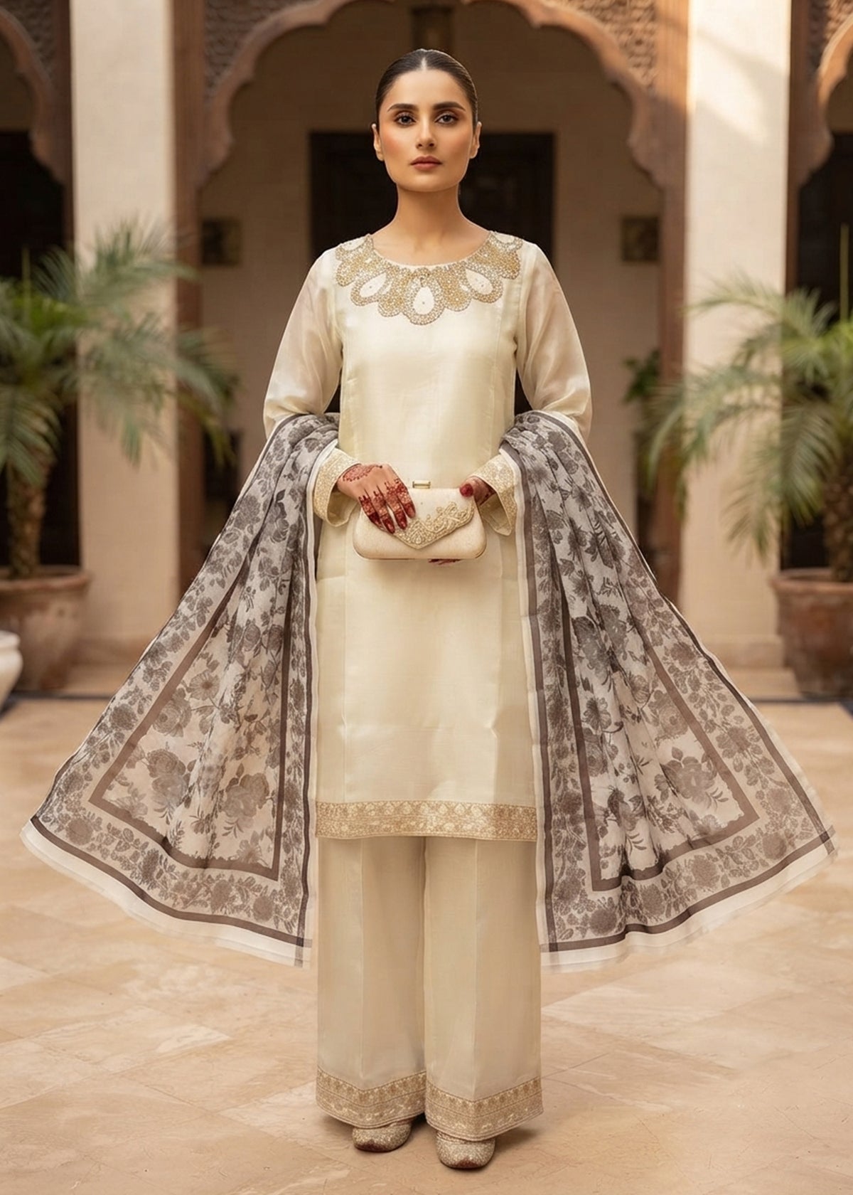 Cream Embroidered Raw Silk Kurta Set with Printed Dupatta