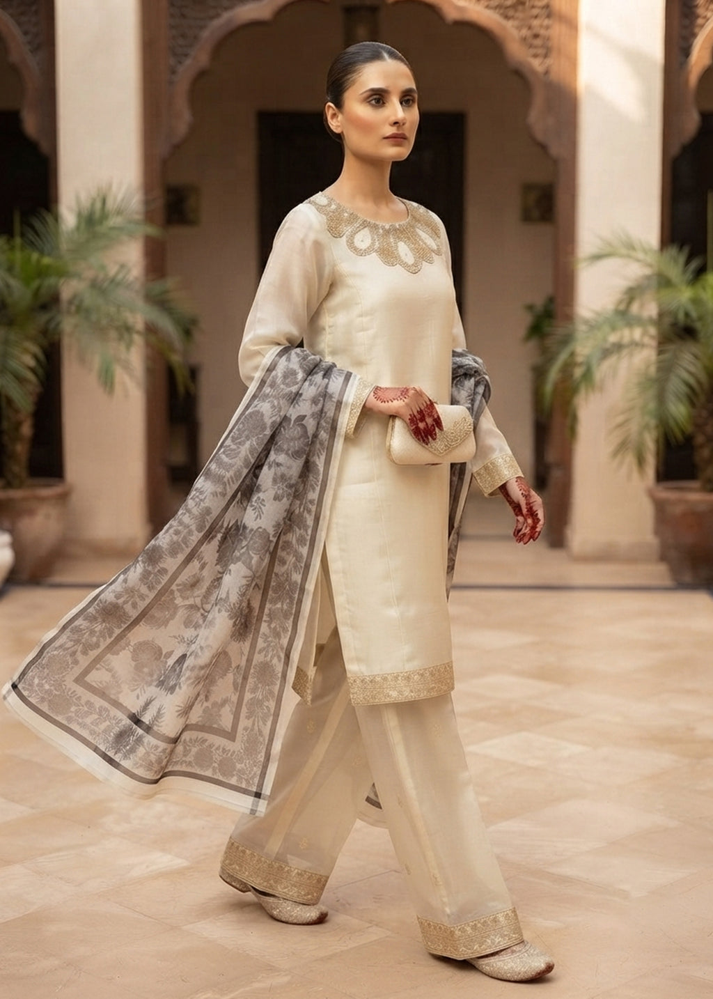 Cream Embroidered Raw Silk Kurta Set with Printed Dupatta