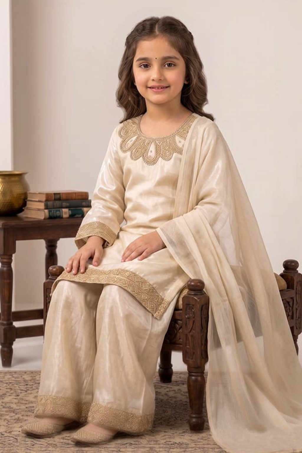Light Beige – Kids Luxury Silk 3PC Dress