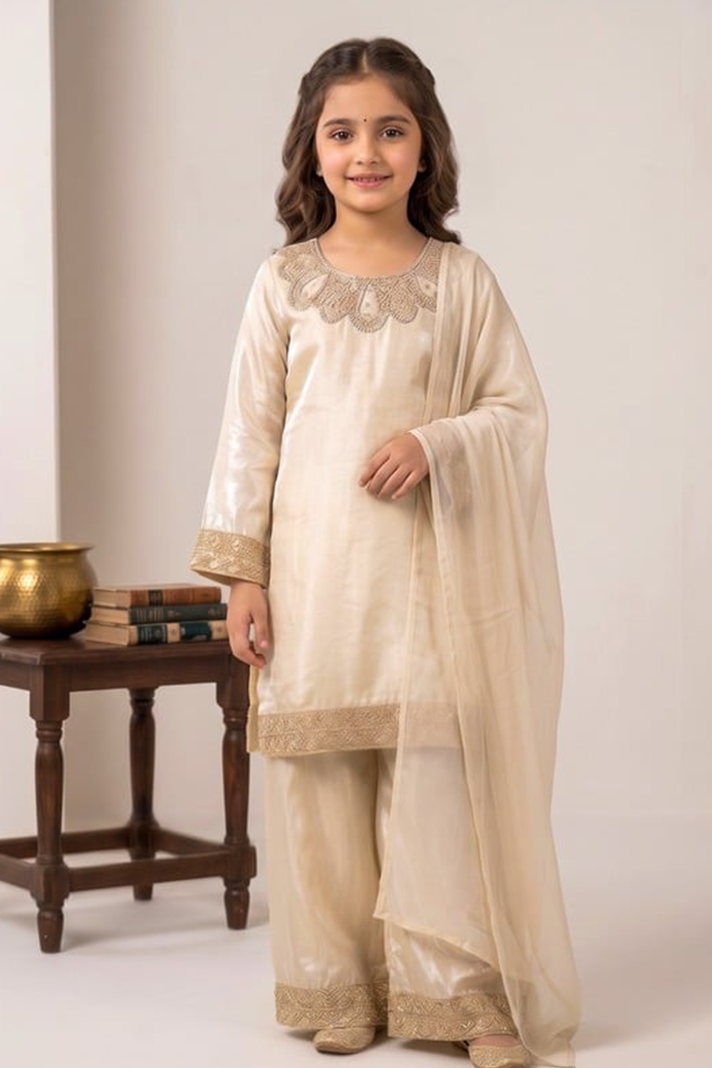 Light Beige – Kids Luxury Silk 3PC Dress