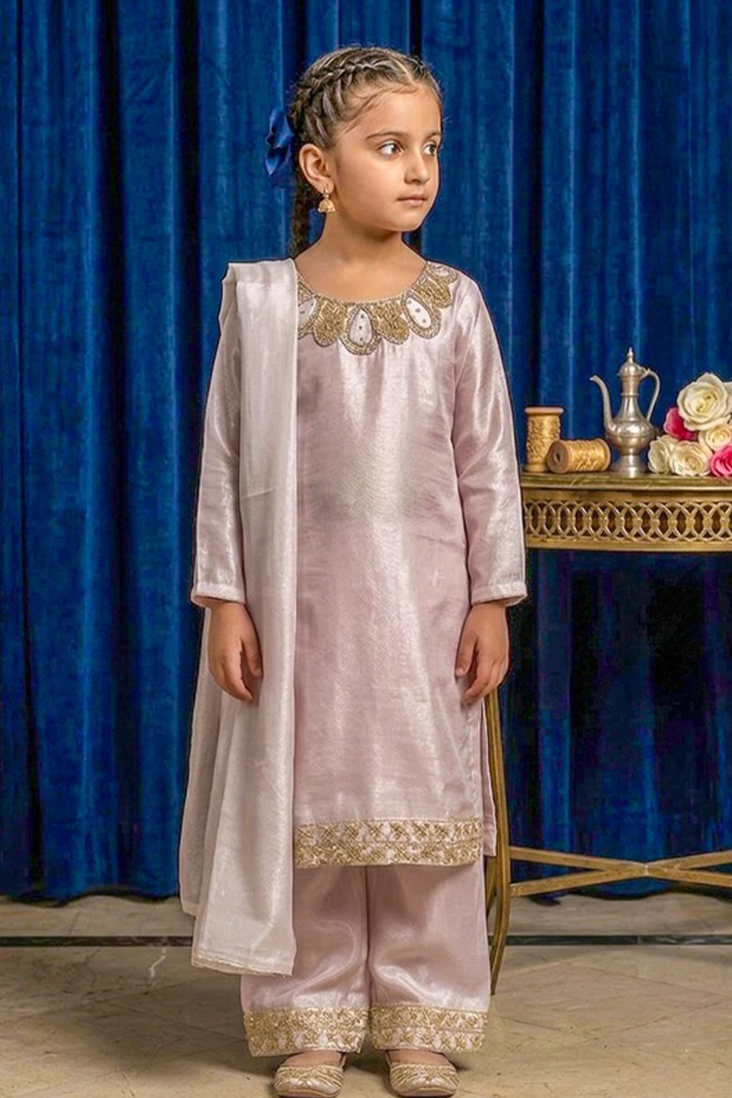 Rosé Belle – Pastel Pink Premium Silk Kids 3PC Dress