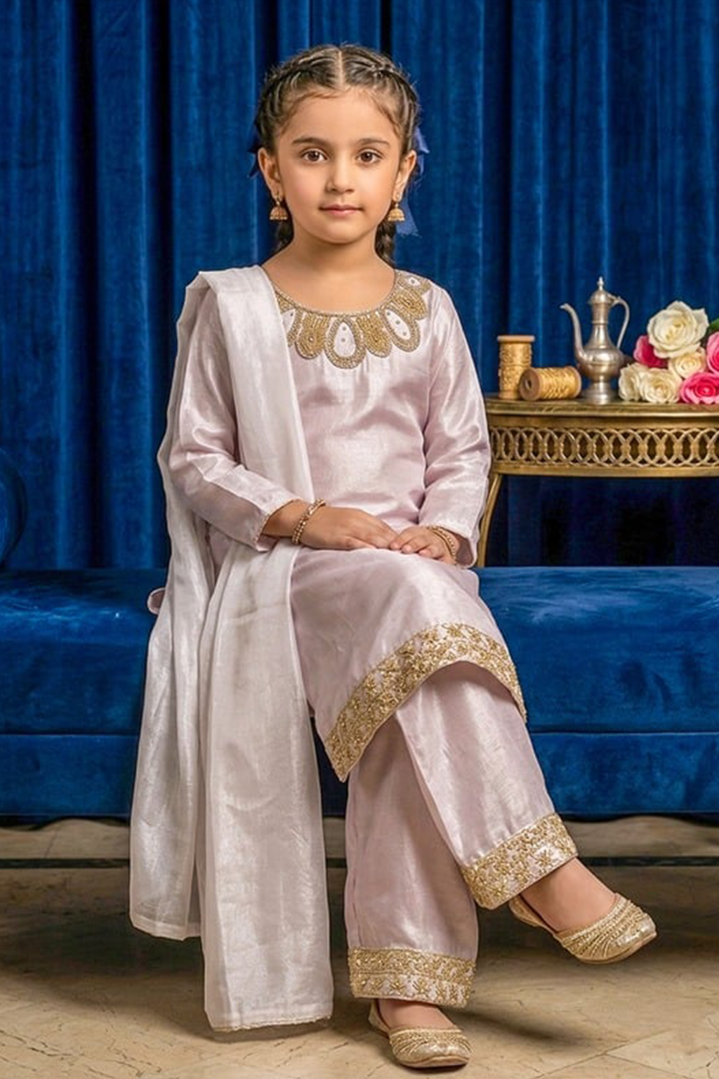 Rosé Belle – Pastel Pink Premium Silk Kids 3PC Dress