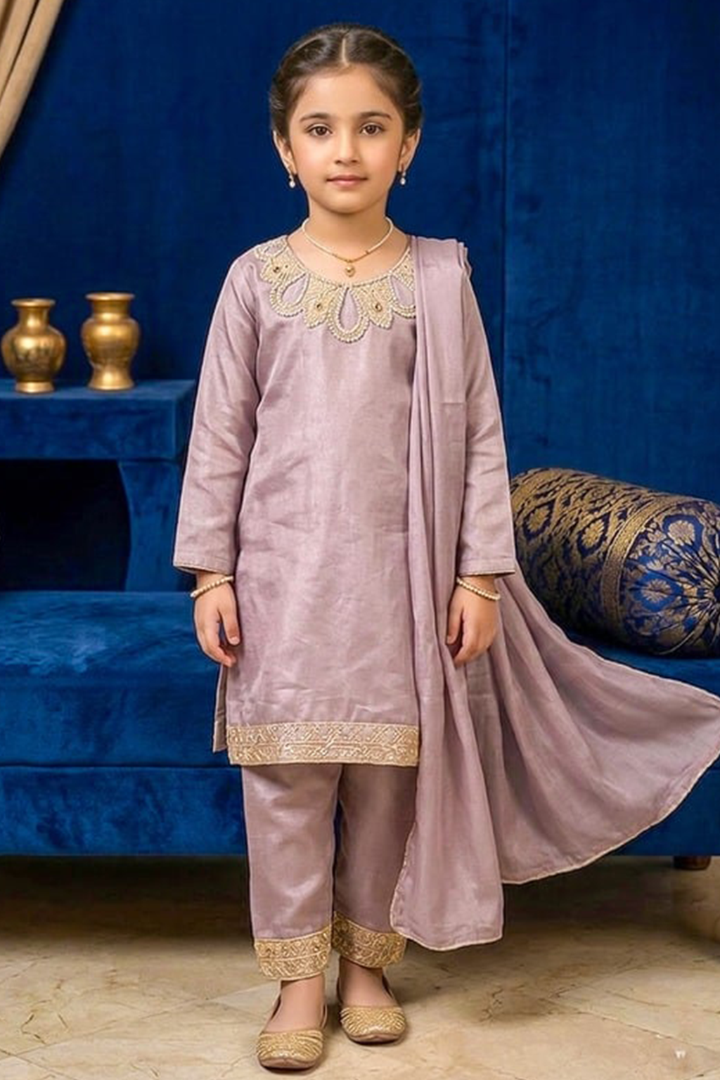 Pinkish Mauve Belle – Premium Silk Kids 3PC Dress