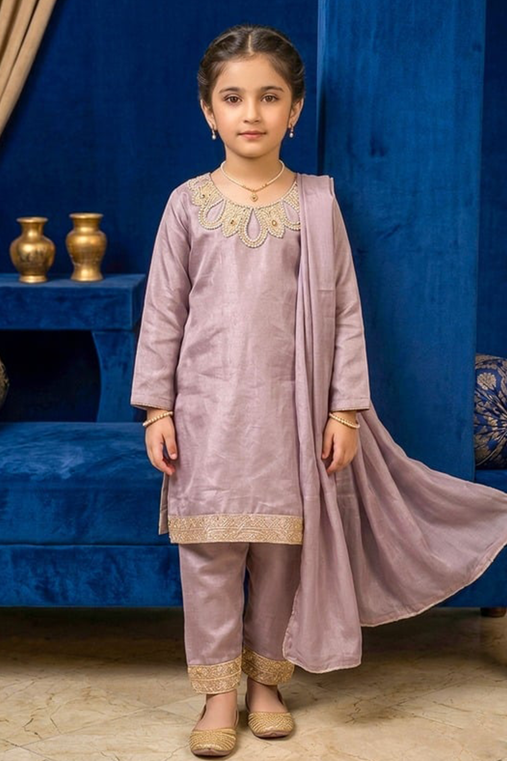 Pinkish Mauve Belle – Premium Silk Kids 3PC Dress