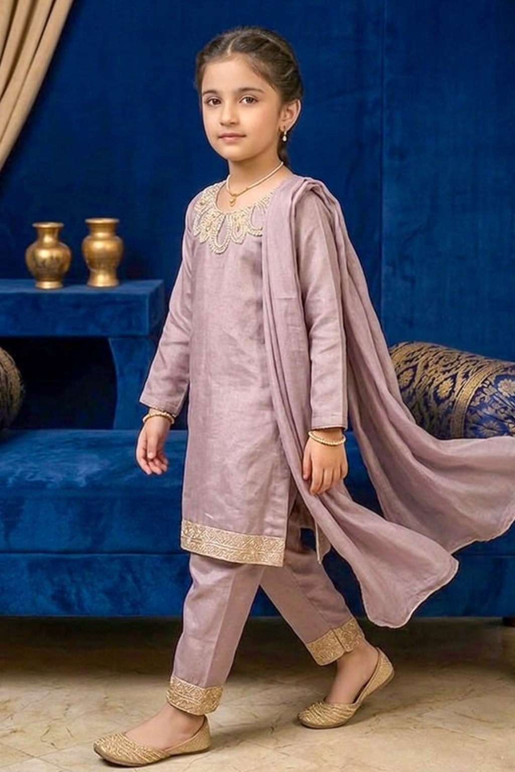 Pinkish Mauve Belle – Premium Silk Kids 3PC Dress