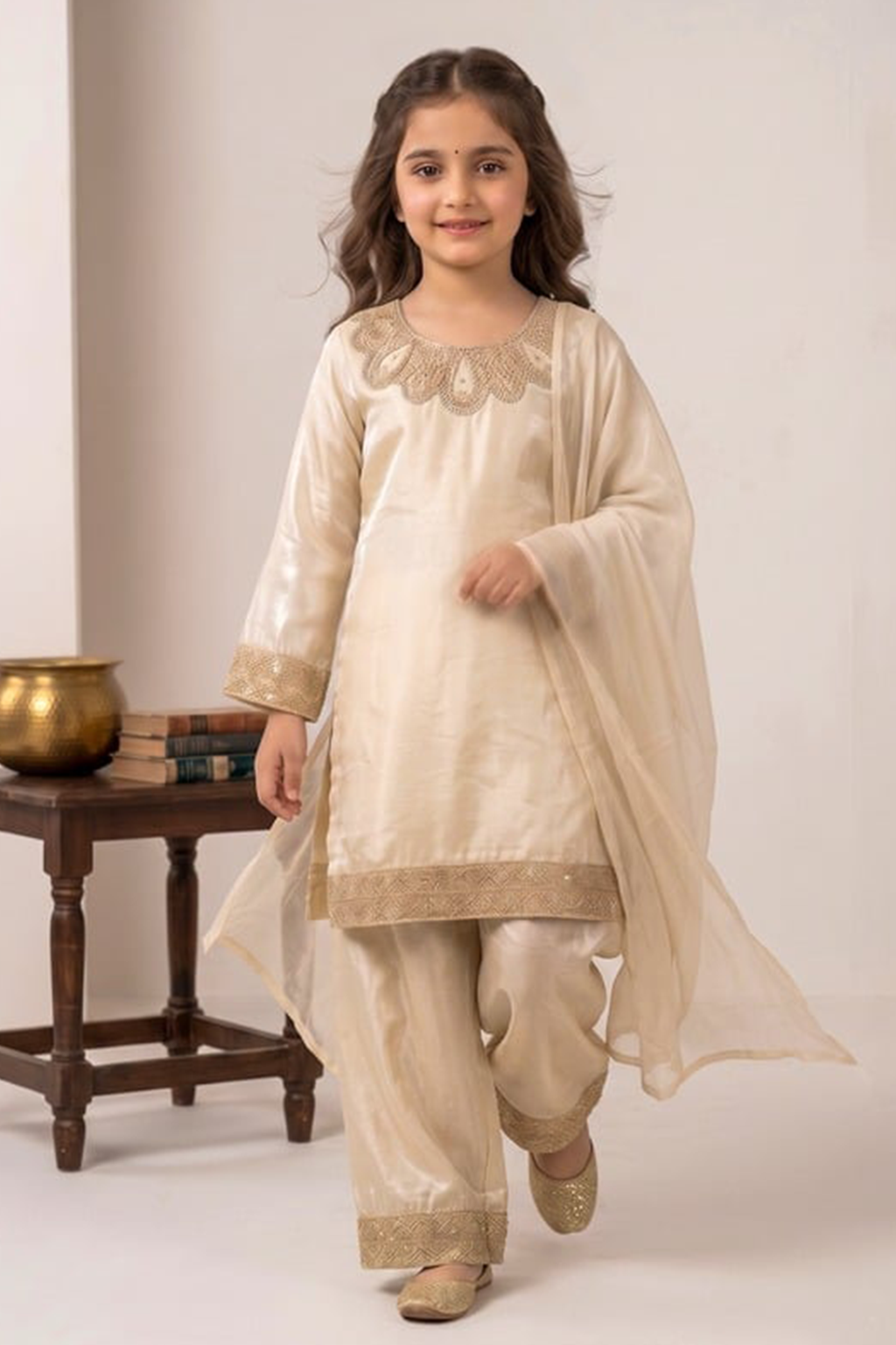 Light Beige – Kids Luxury Silk 3PC Dress