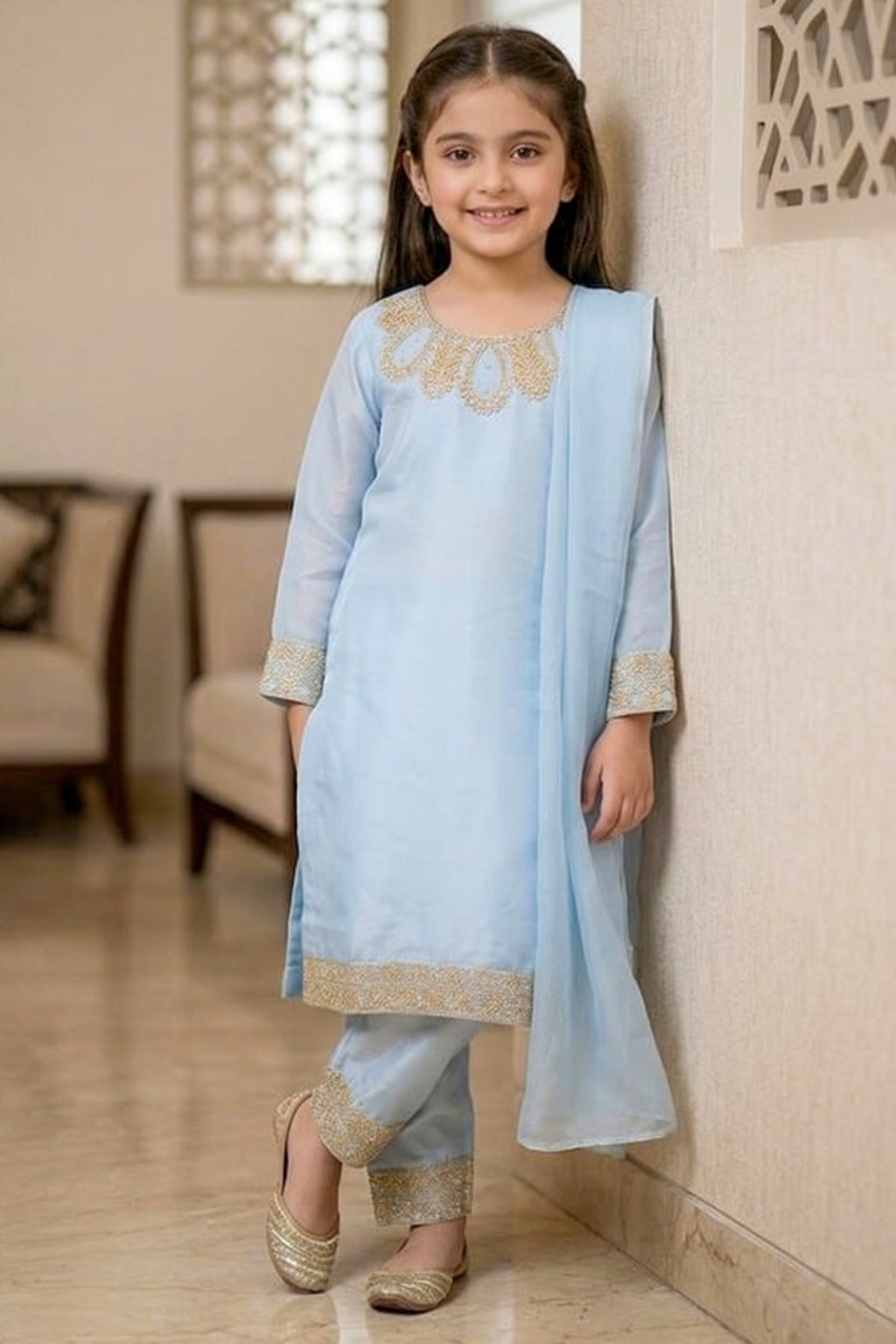 Powder Blue – Kids Luxury Silk 3PC Dress
