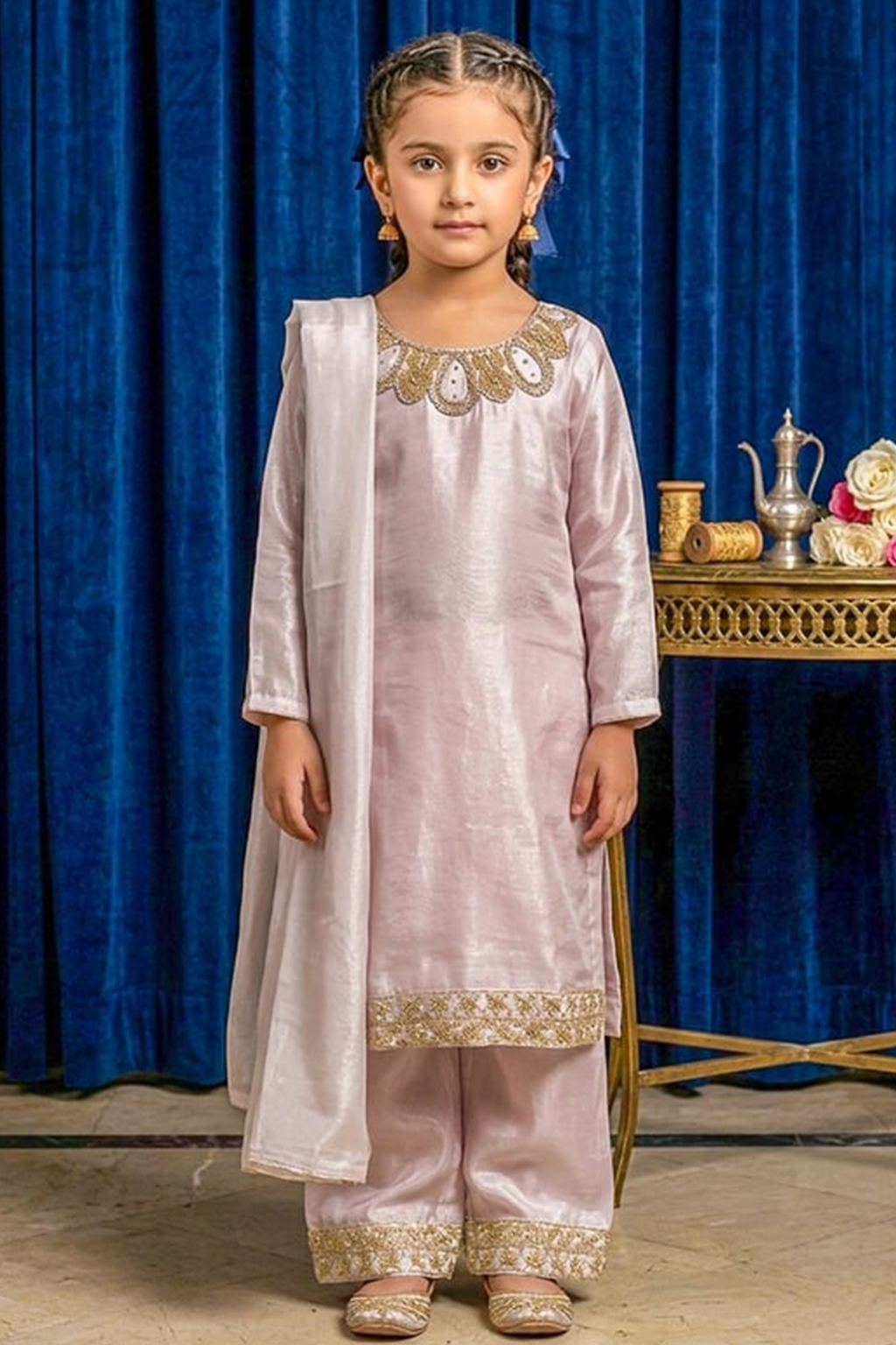 Rosé Belle – Pastel Pink Premium Silk Kids 3PC Dress
