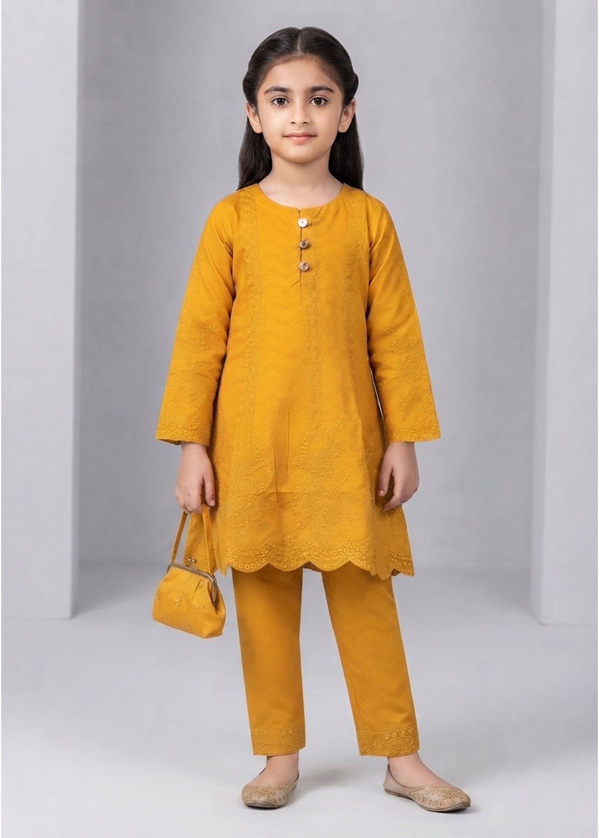 Girls Mustard Embroidered Kurta Set with Trousers