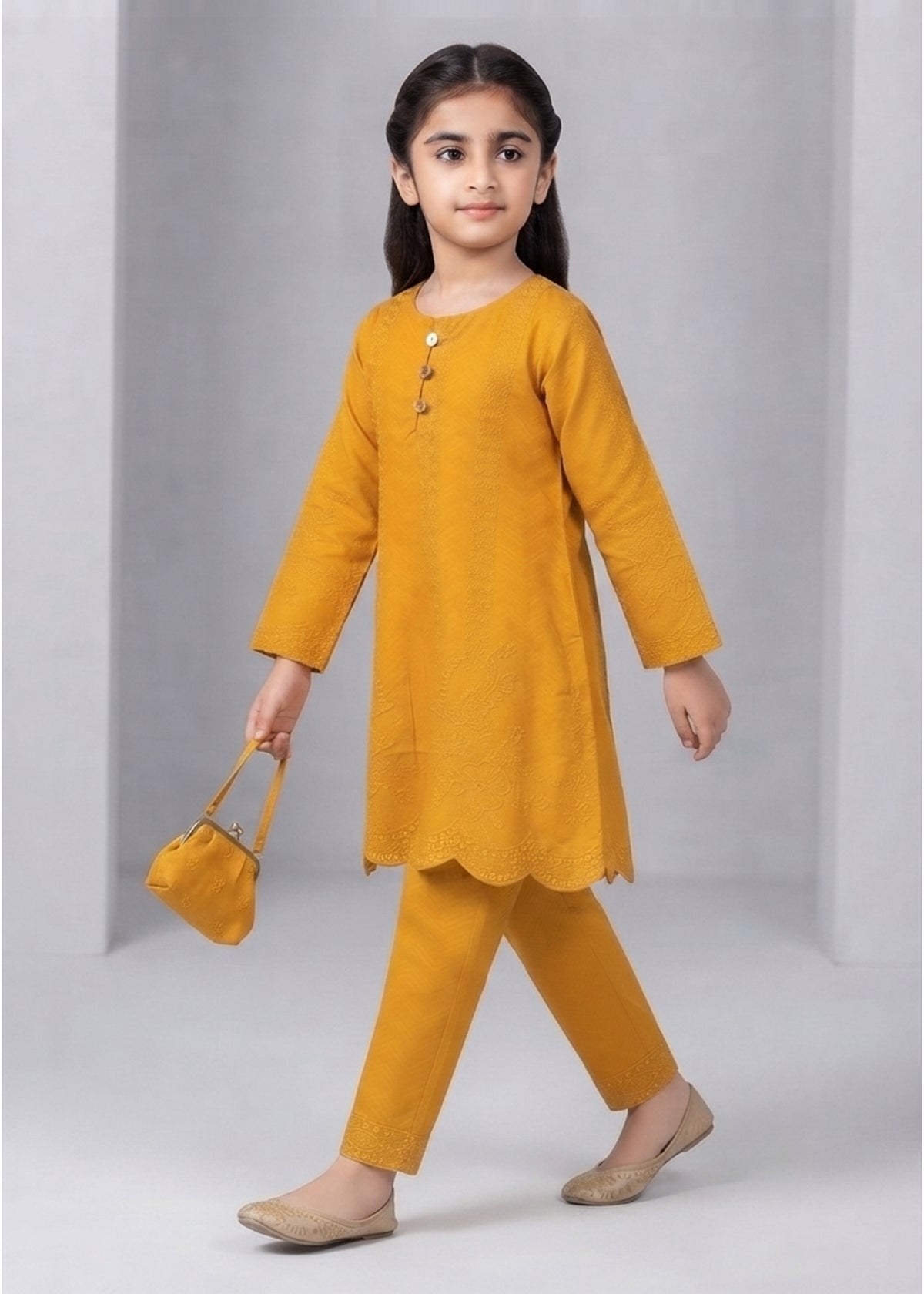 Girls Mustard Embroidered Kurta Set with Trousers