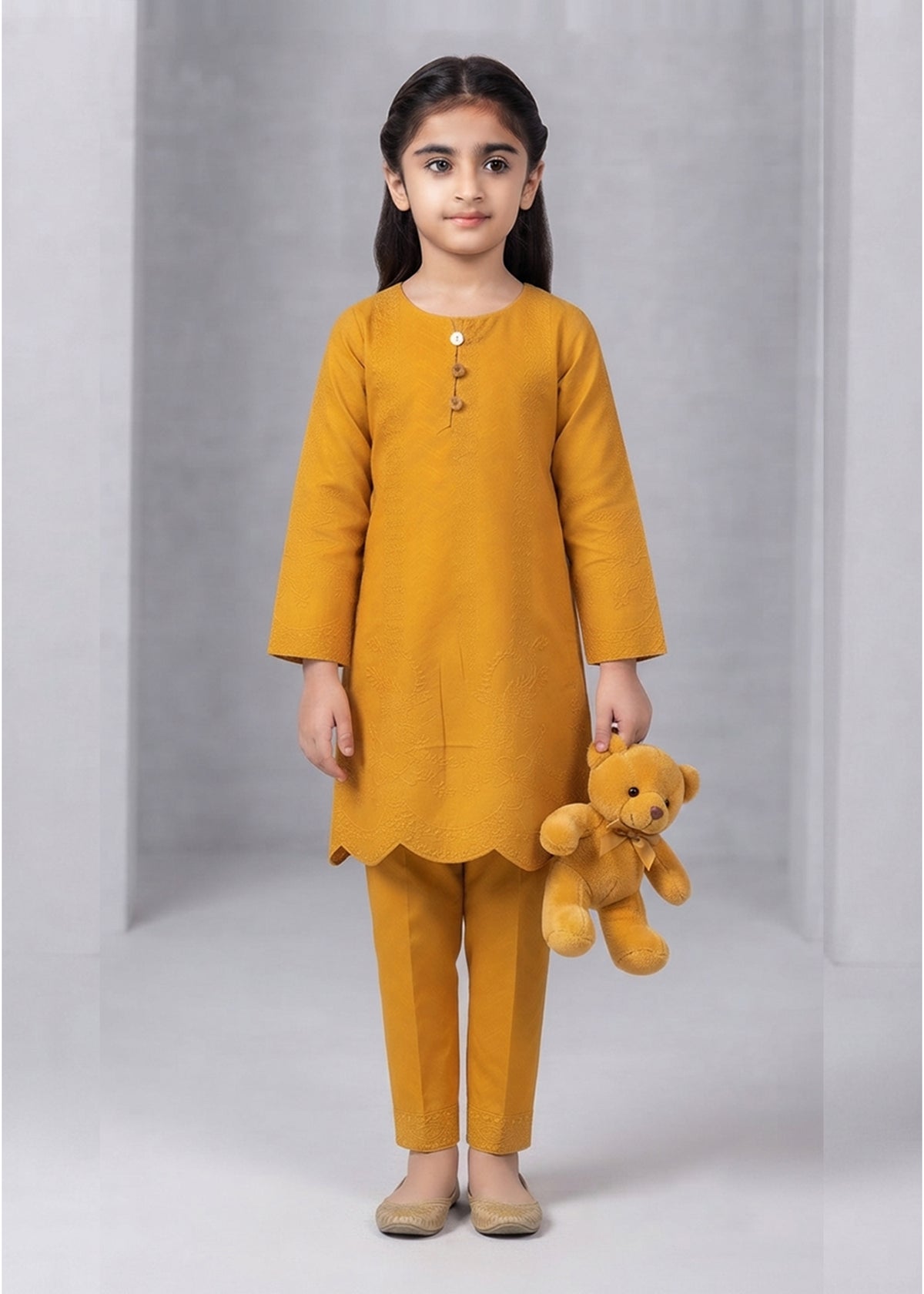 Girls Mustard Embroidered Kurta Set with Trousers