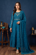 Peacock Blue Green Luxury Embroidered Formal Maxi Dress with Embroidered Dupatta & Trouser
