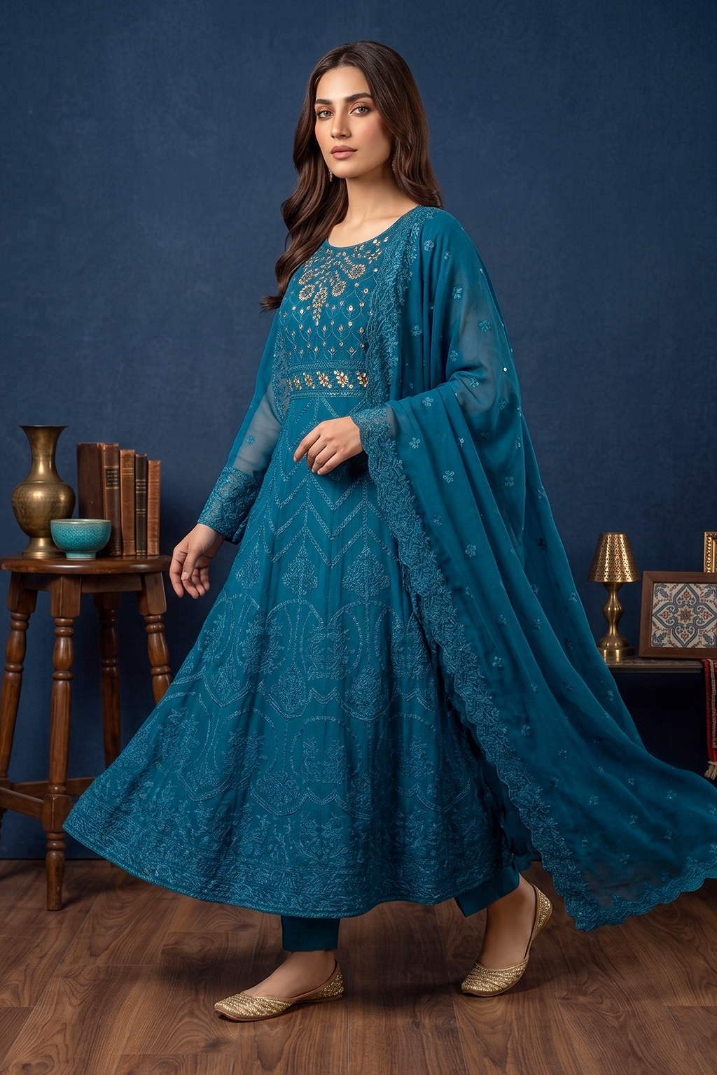 Peacock Blue Green Luxury Embroidered Formal Maxi Dress with Embroidered Dupatta & Trouser