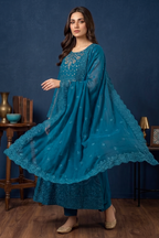 Peacock Blue Green Luxury Embroidered Formal Maxi Dress with Embroidered Dupatta & Trouser