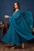Peacock Blue Green Luxury Embroidered Formal Maxi Dress with Embroidered Dupatta & Trouser