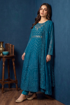 Peacock Blue Green Luxury Embroidered Formal Maxi Dress with Embroidered Dupatta & Trouser