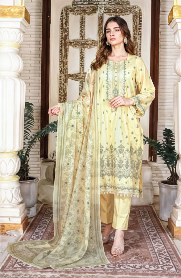 Yellow Lawn Embroiderd Unstitched Dress - Image 2