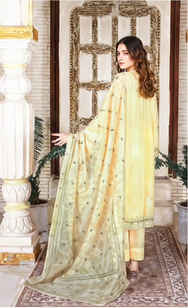 Yellow Lawn Embroiderd Unstitched Dress - Image 3