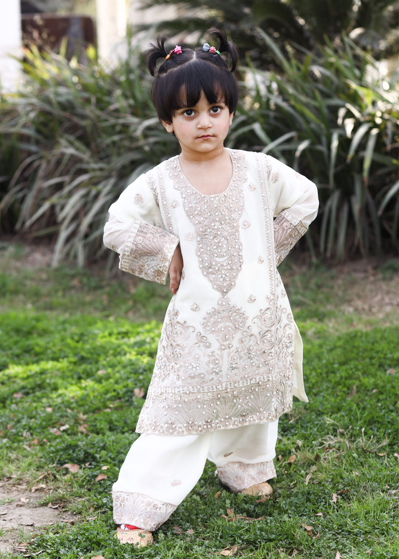 Ivory white embroidered kids chiffon 3 piece kurta set