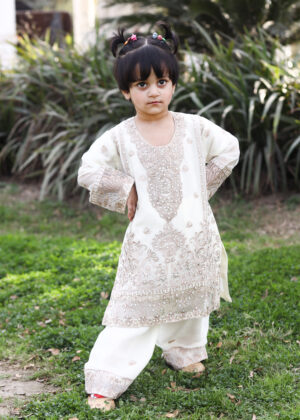 Ivory white embroidered kids chiffon 3 piece kurta set