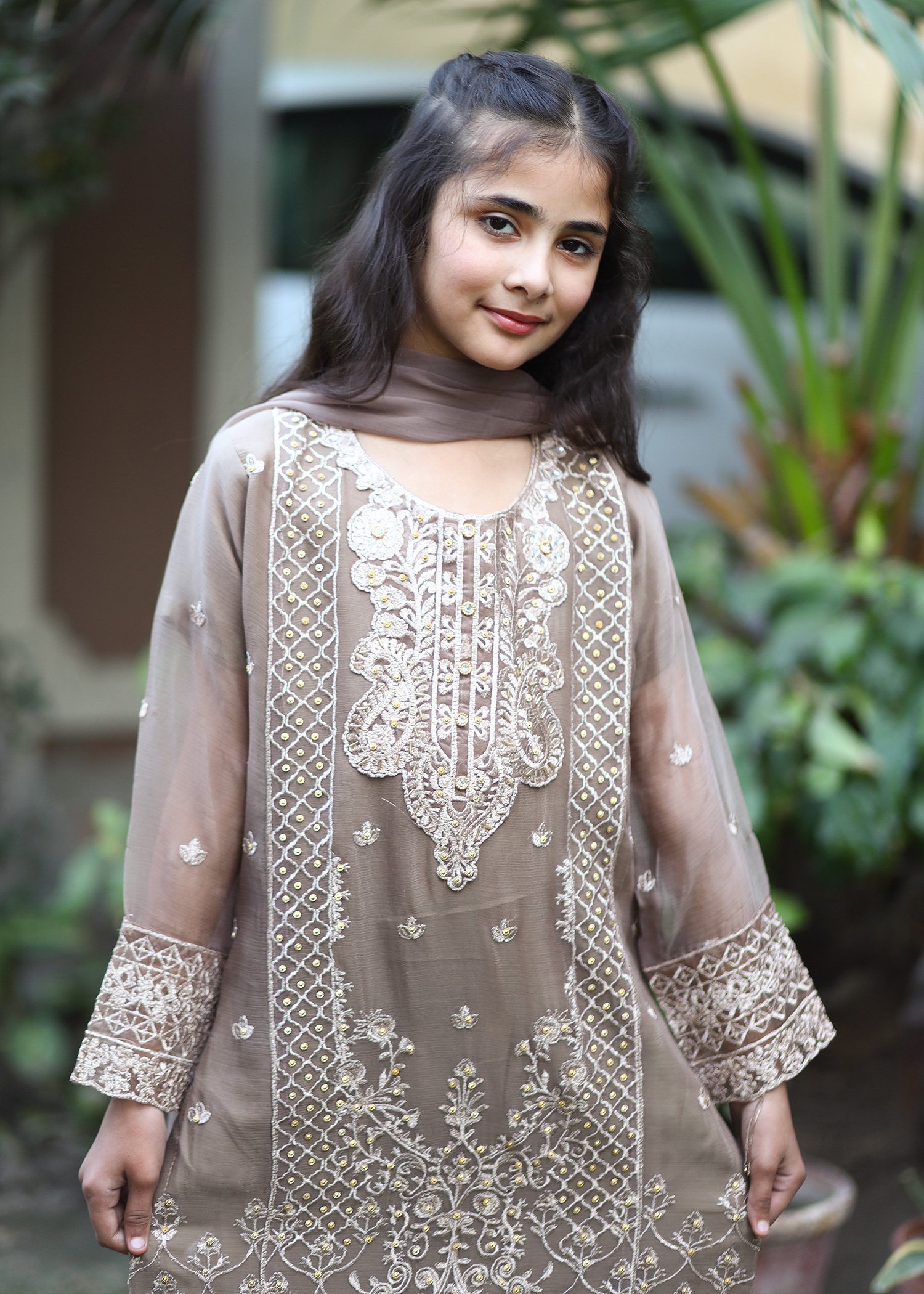 Little Brown Noor Embroidered Chiffon Kids 3 Piece Kurta Set - Image 10