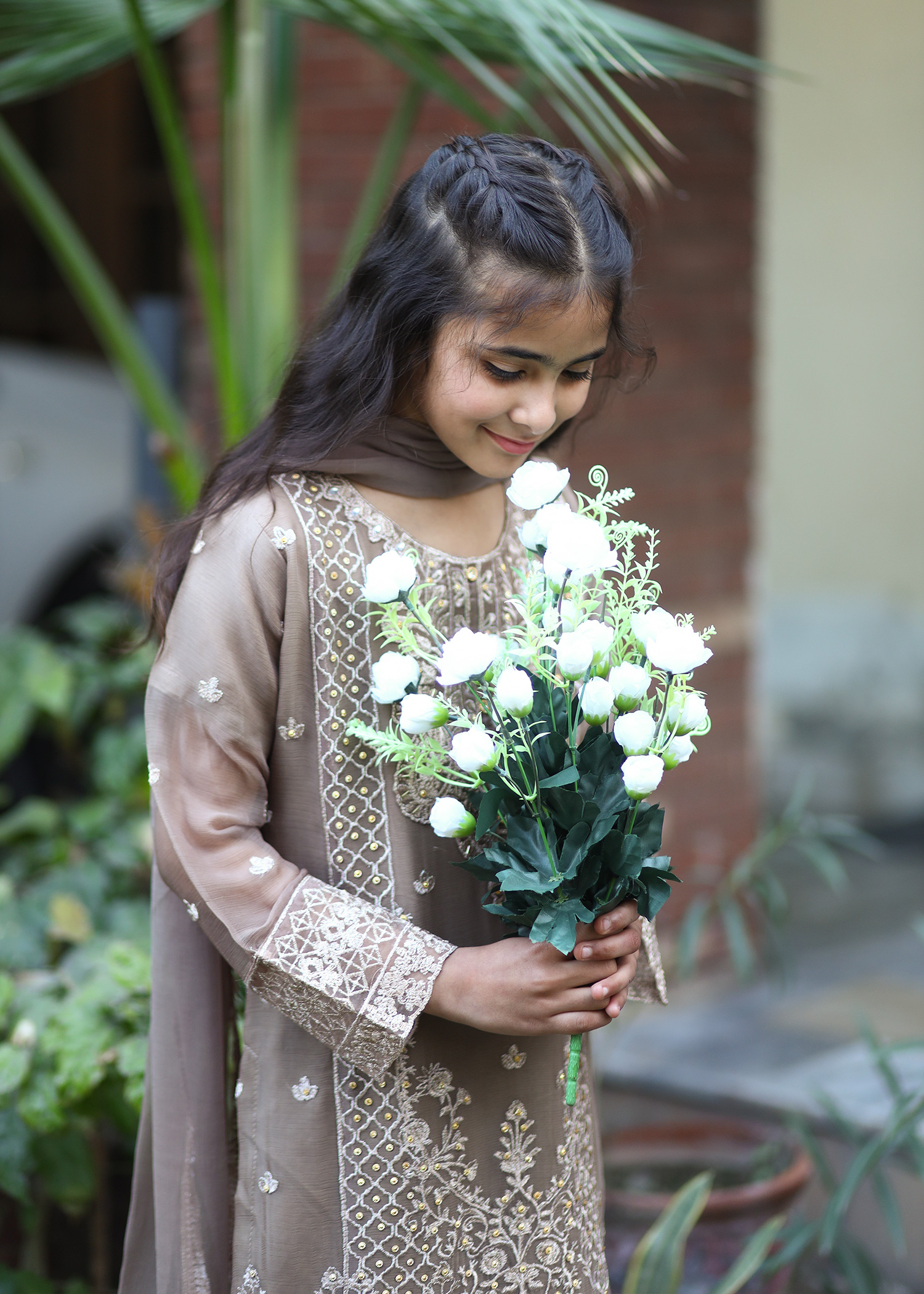 Little Brown Noor Embroidered Chiffon Kids 3 Piece Kurta Set - Image 9