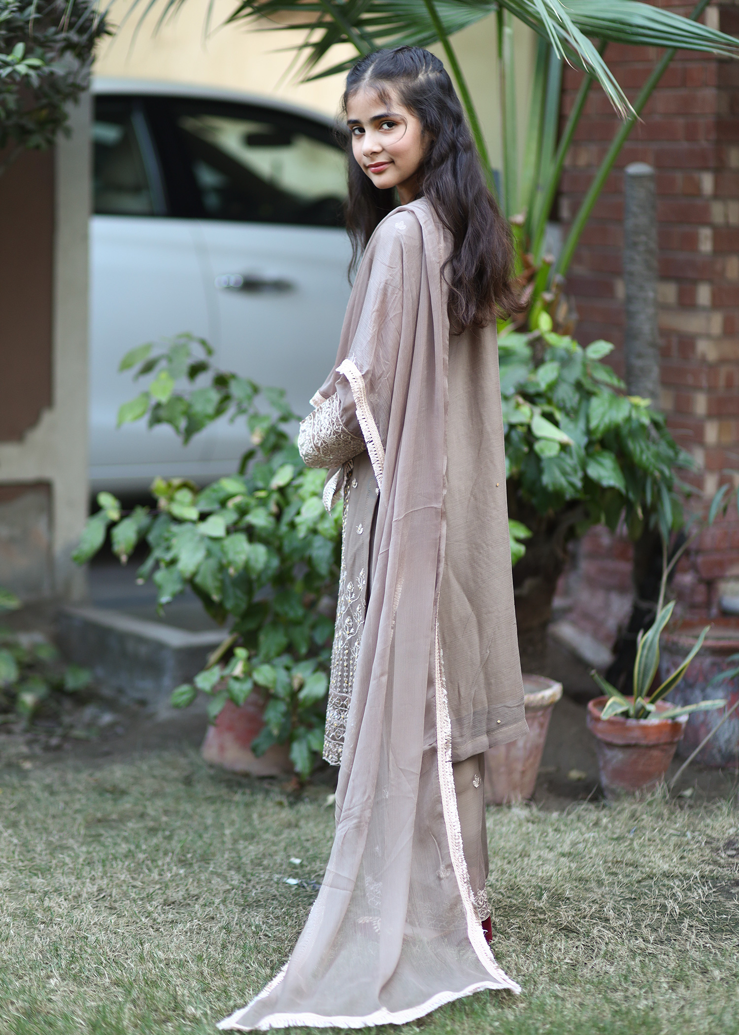 Little Brown Noor Embroidered Chiffon Kids 3 Piece Kurta Set - Image 5