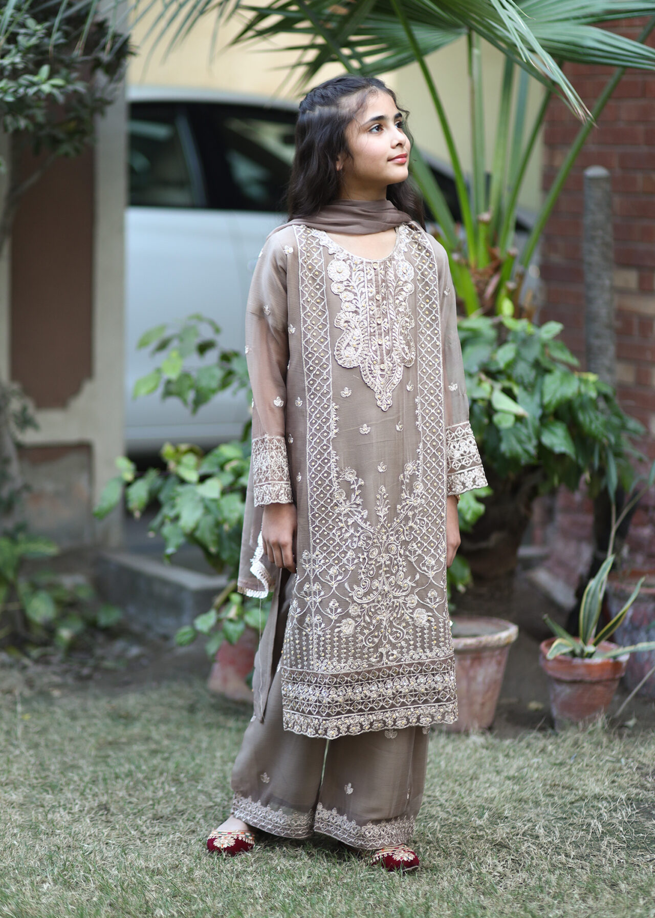 Brown embroidered chiffon kids 3 piece kurta set