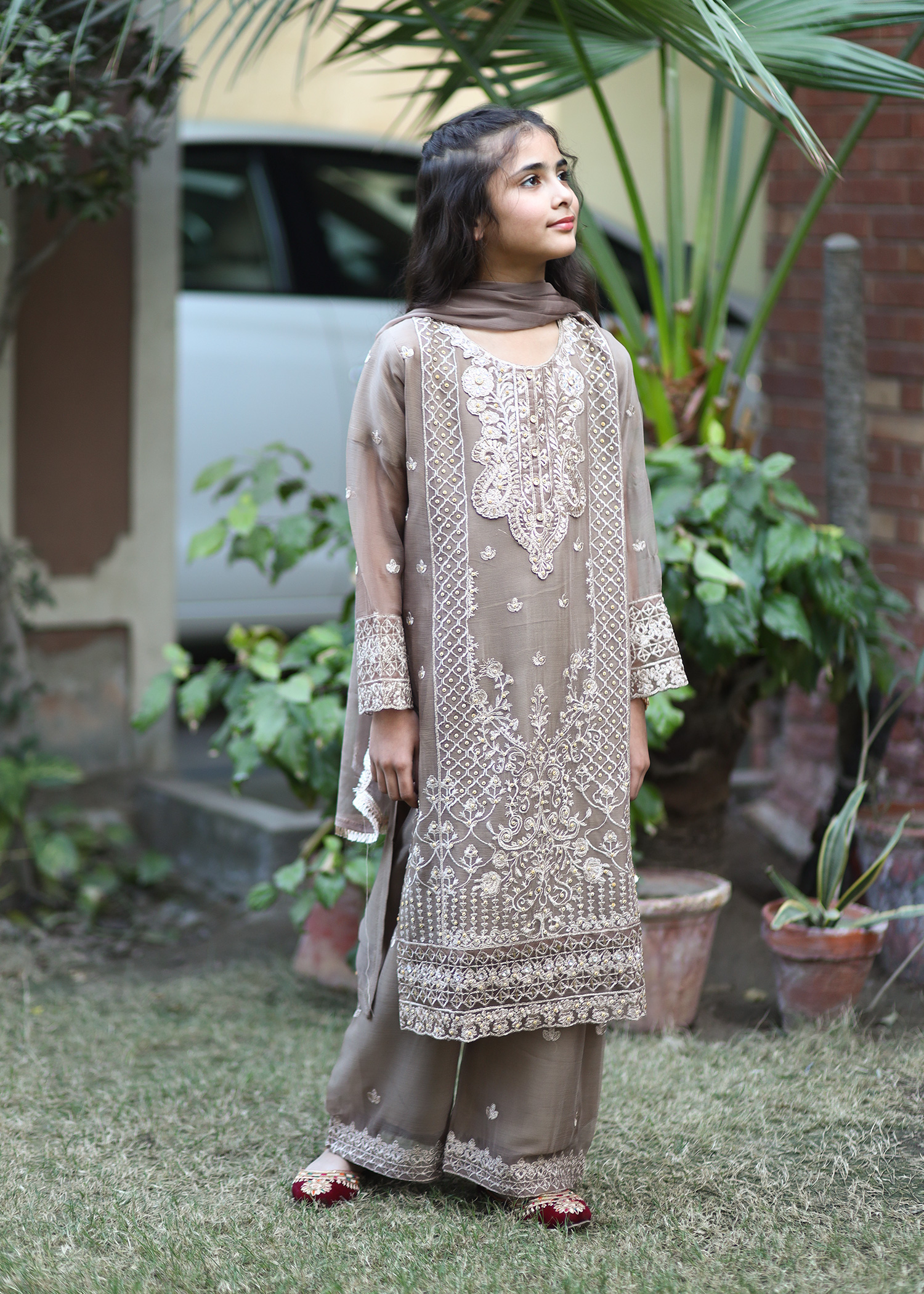 Brown embroidered chiffon kids 3 piece kurta set