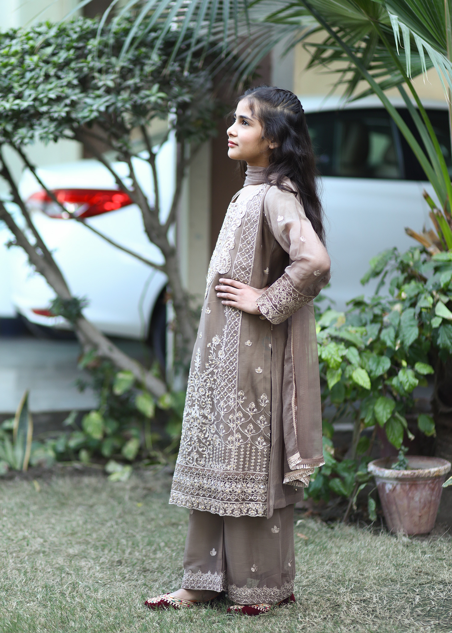 Little Brown Noor Embroidered Chiffon Kids 3 Piece Kurta Set - Image 3