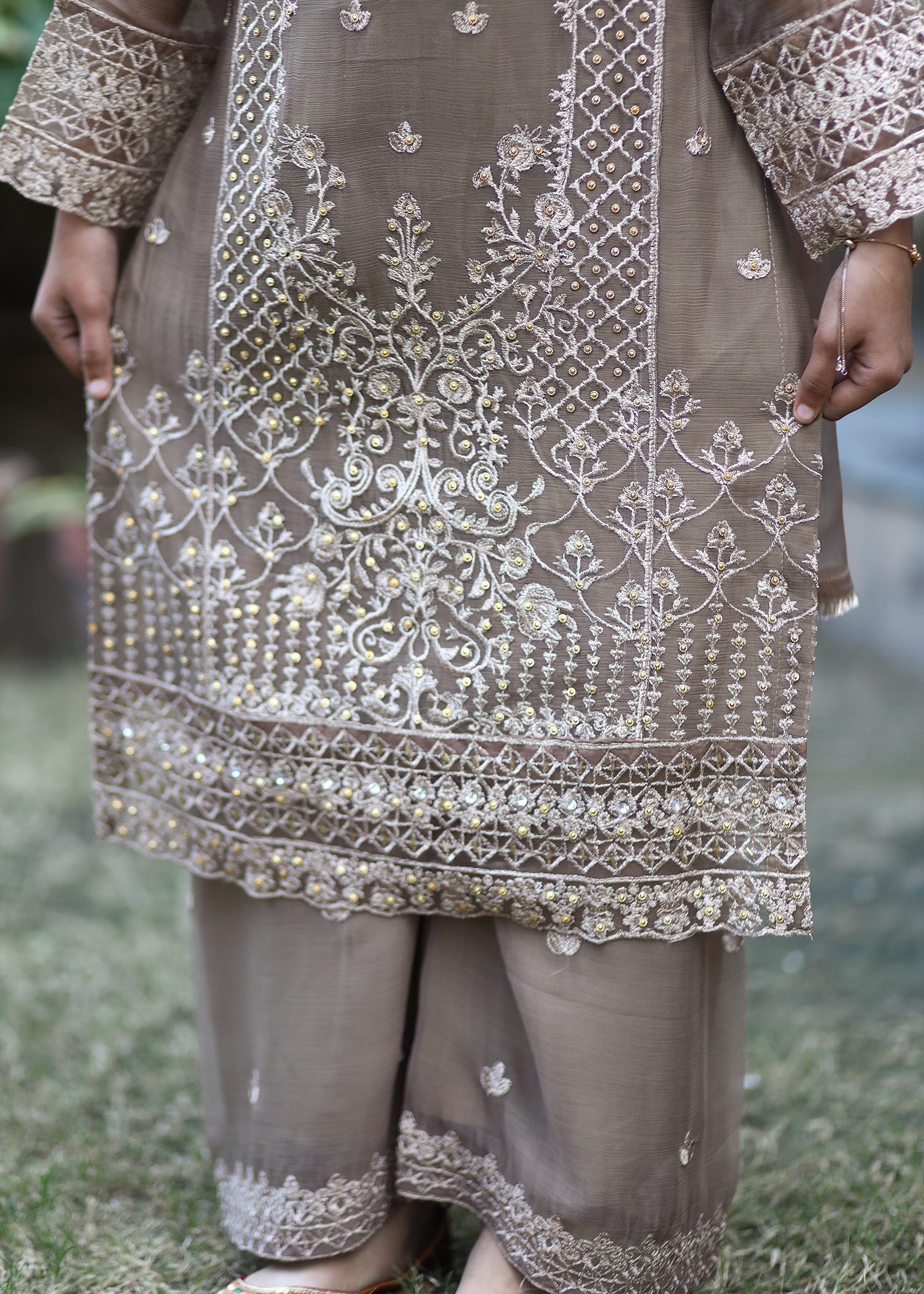 Little Brown Noor Embroidered Chiffon Kids 3 Piece Kurta Set - Image 2