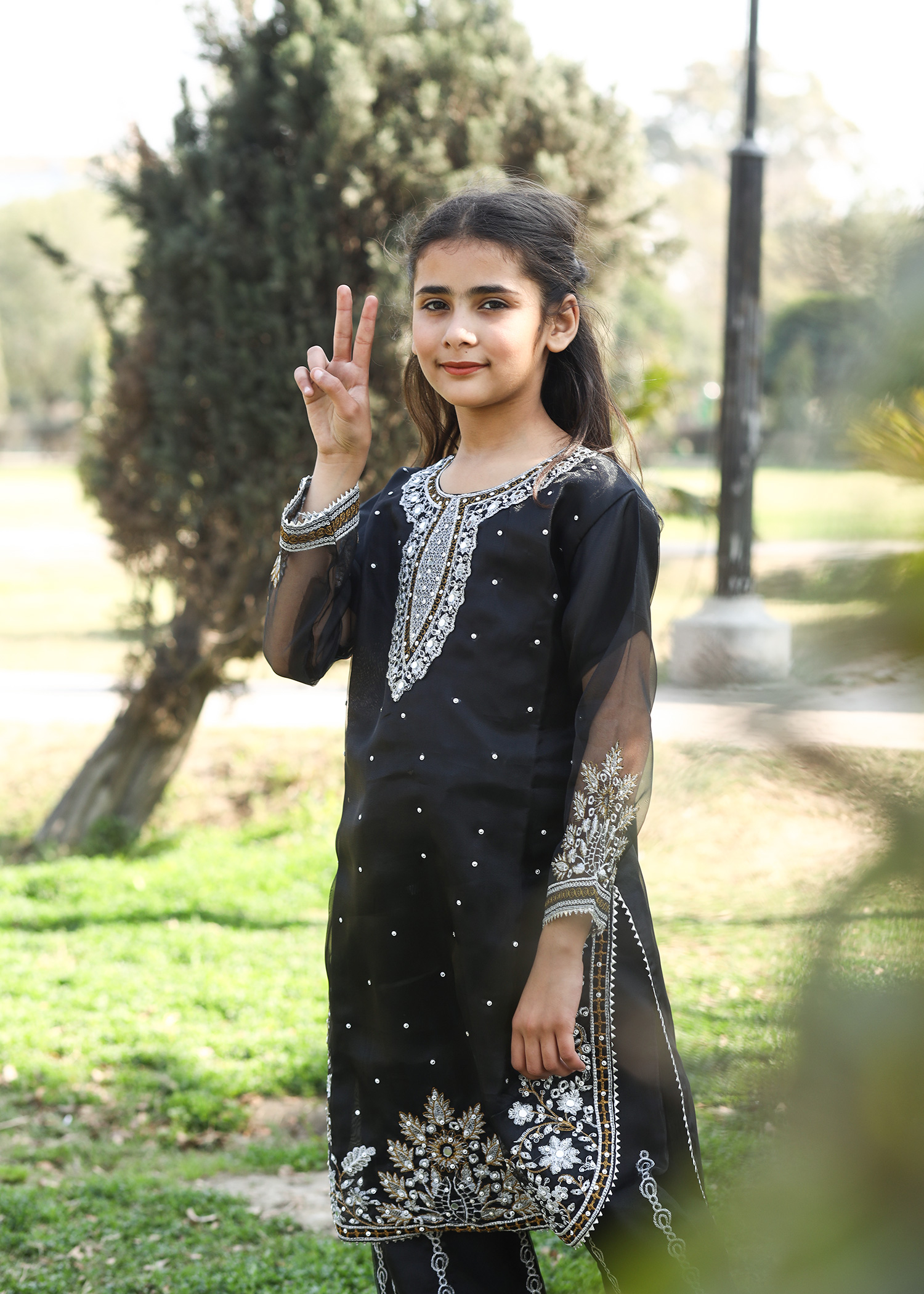 Black Kattan Silk Embroidered Kids Kurta Set – Girls Festive - Image 8