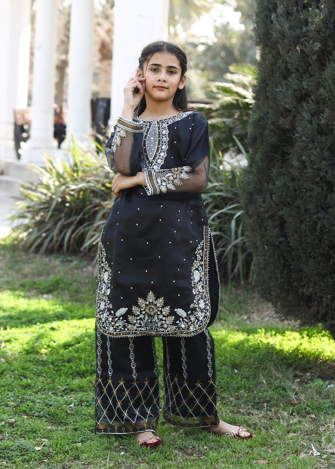 Black kattan silk embroidered kids kurta set for girls