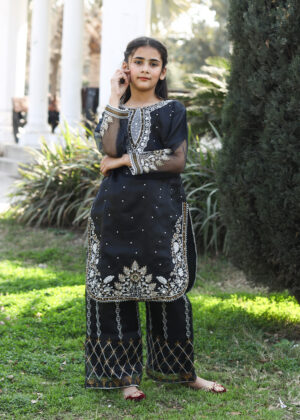 Black kattan silk embroidered kids kurta set for girls