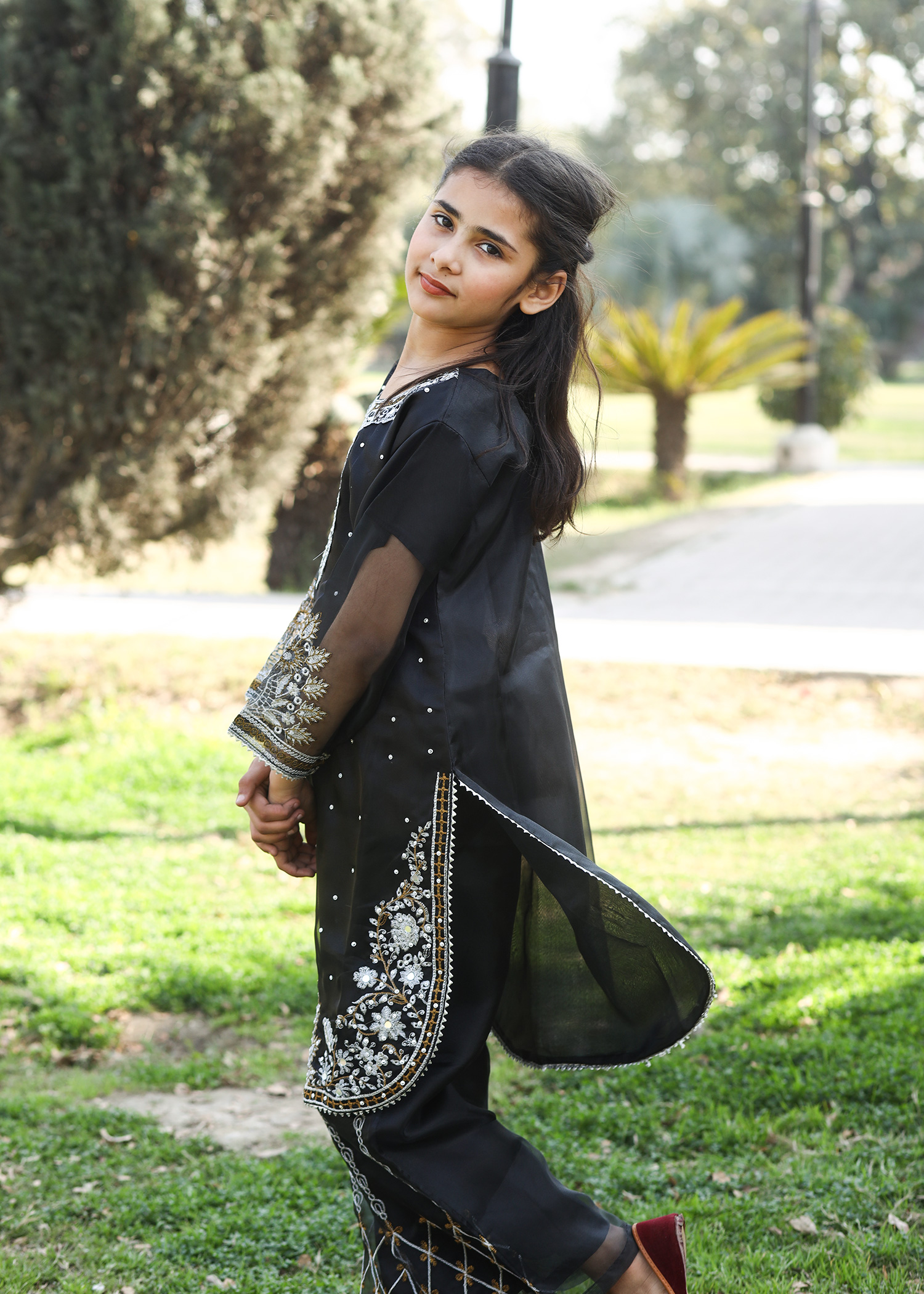 Black Kattan Silk Embroidered Kids Kurta Set – Girls Festive - Image 6