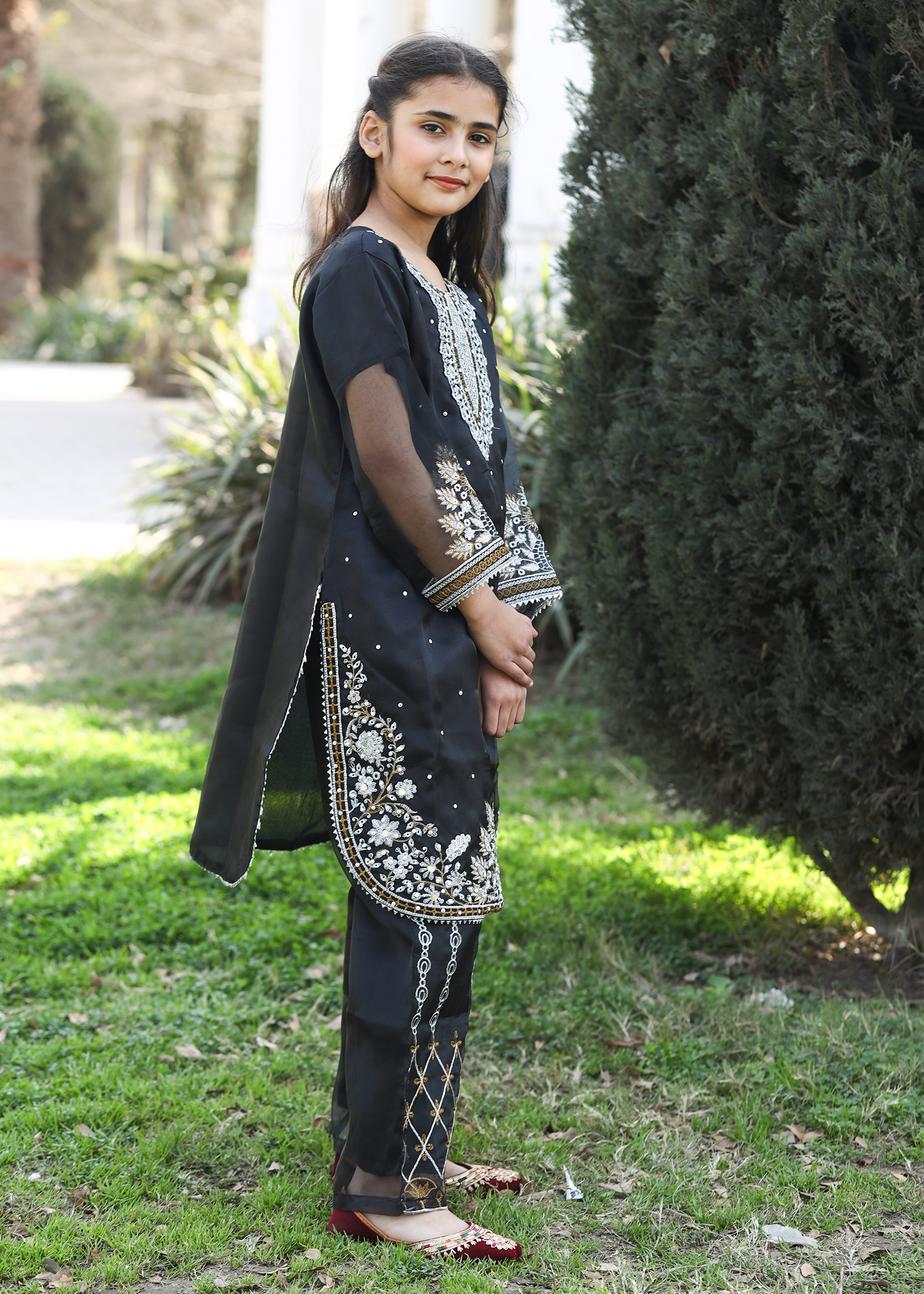 Black Kattan Silk Embroidered Kids Kurta Set – Girls Festive - Image 5