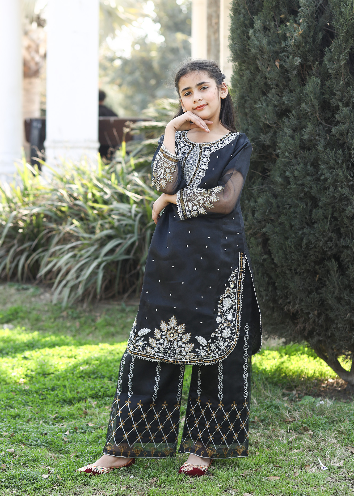 Black Kattan Silk Embroidered Kids Kurta Set – Girls Festive - Image 4