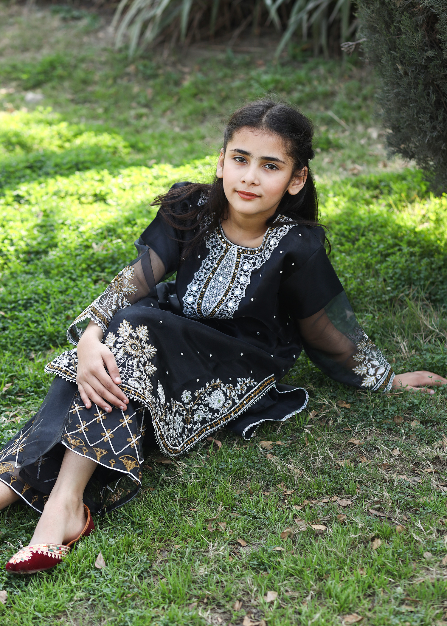 Black Kattan Silk Embroidered Kids Kurta Set – Girls Festive - Image 3